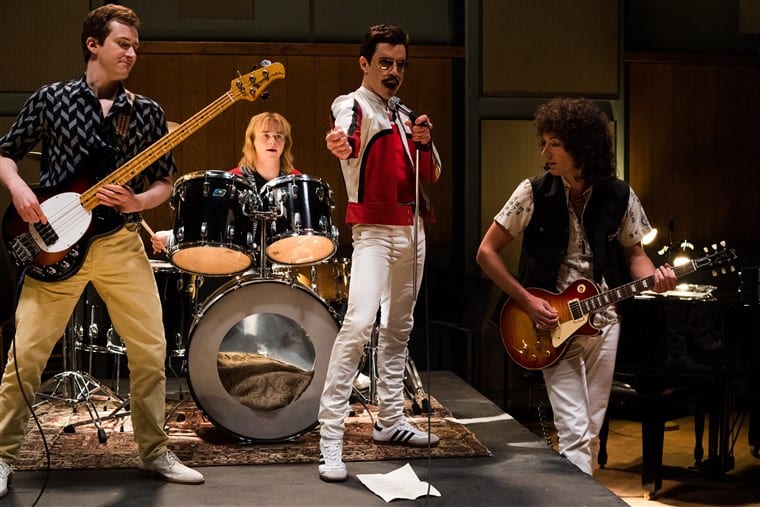 Rami Malek as Freddie Mercury on stage in Bohemian Rhapsody